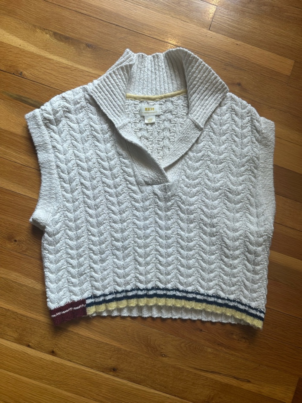 Anthropologie White Cable-Knit V-Neck Sweater Vest with Multicolor Stripe Hem